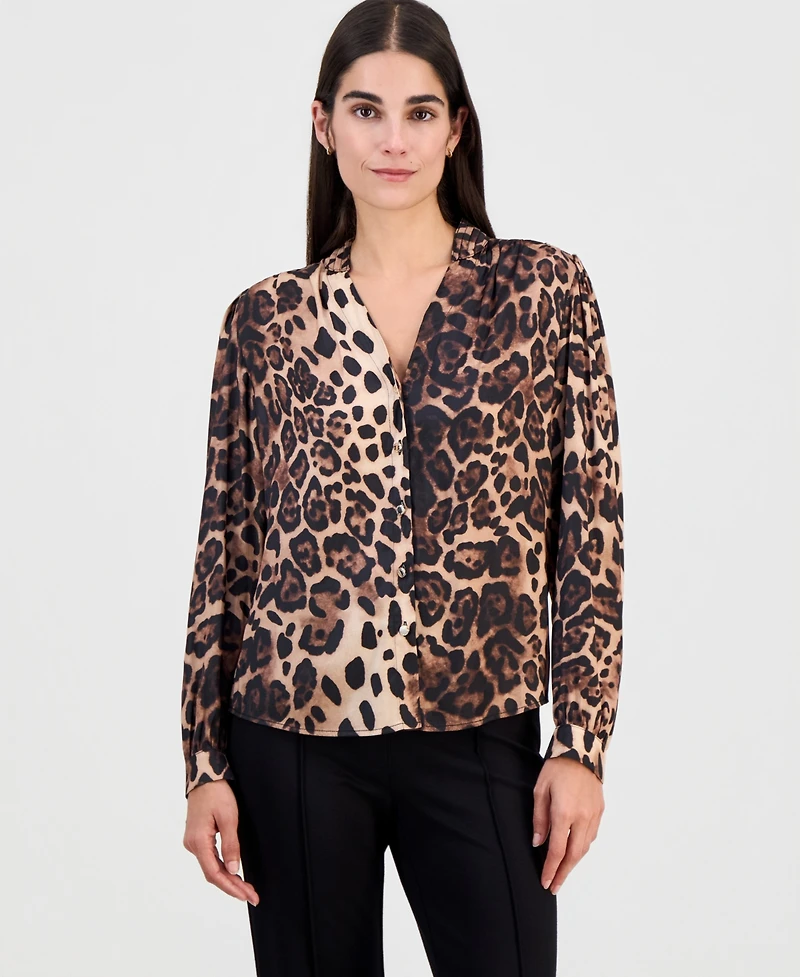 T Tahari Women's Printed Split-Neck Button-Down Blouse