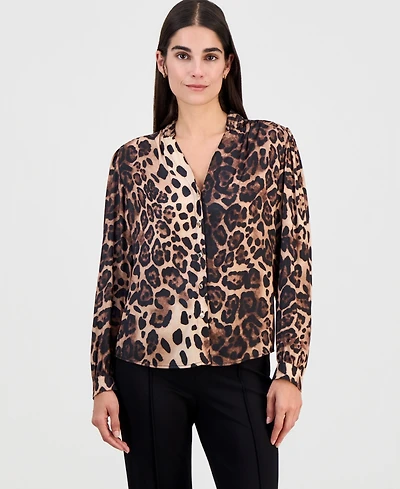 T Tahari Women's Printed Split-Neck Button-Down Blouse