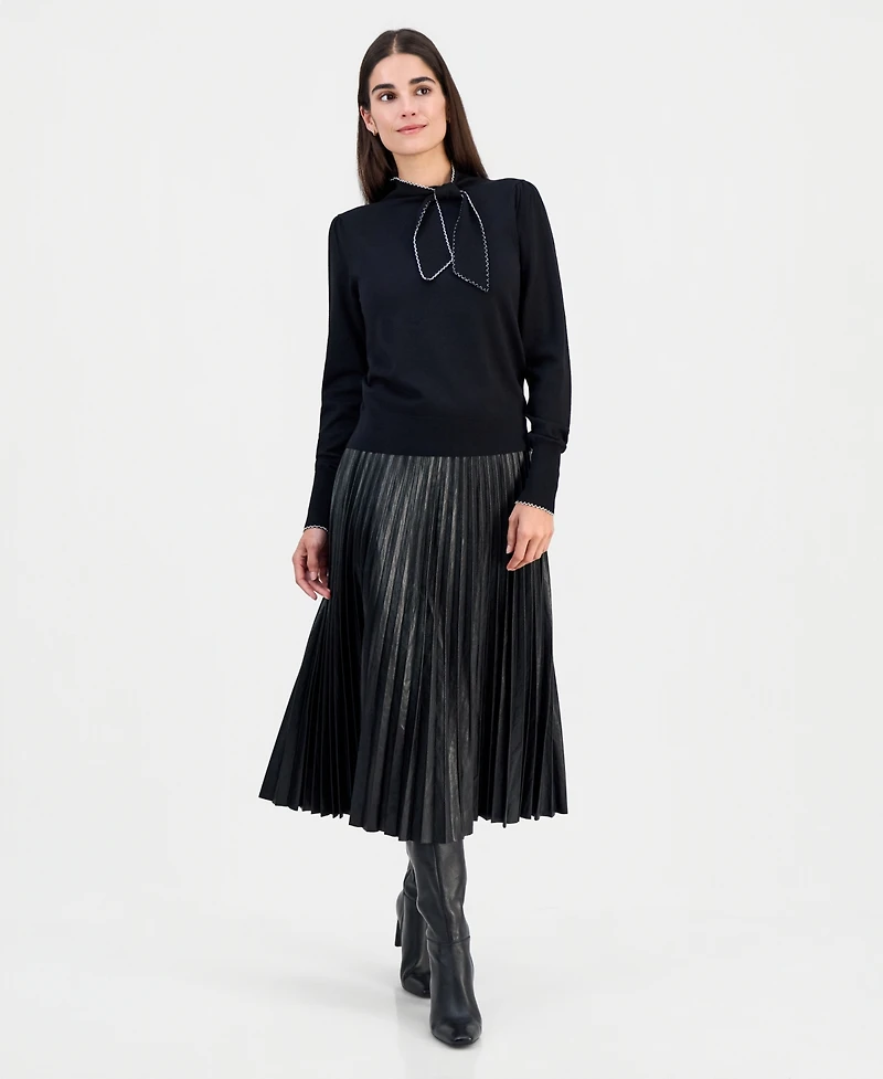 T Tahari Women's Contrast-Tipped Bow-Tie Sweater