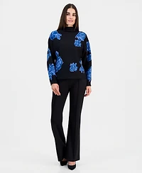 T Tahari Women's Floral Jacquard Funnel-Neck Dolman-Sleeve Sweater