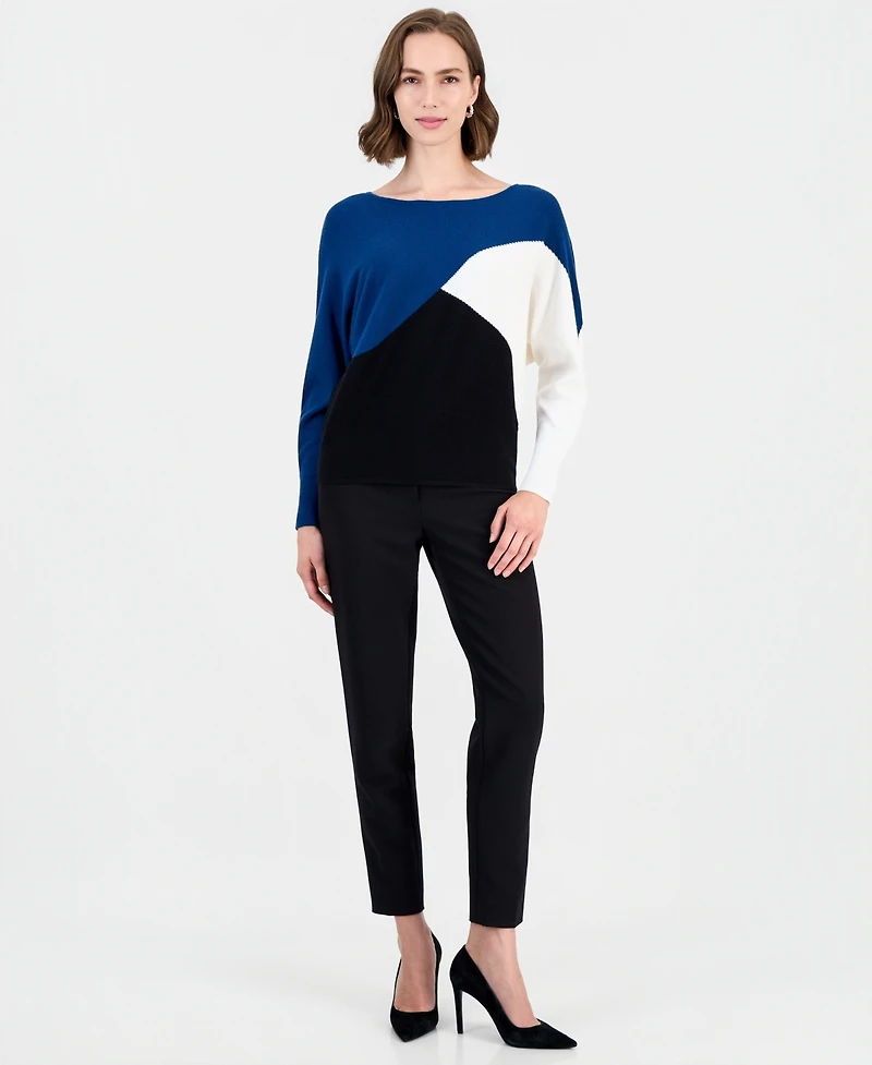 T Tahari Women's Colorblock Ribbed-Knit Crewneck Pullover