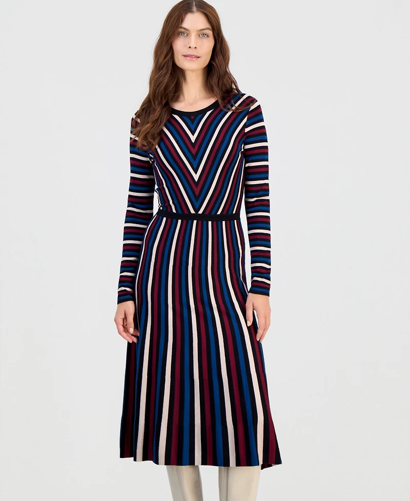 T Tahari Women's Multicolor Striped Long-Sleeve Midi Dress