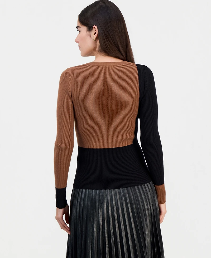 T Tahari Women's Color-Blocked Ribbed Crewneck Sweater