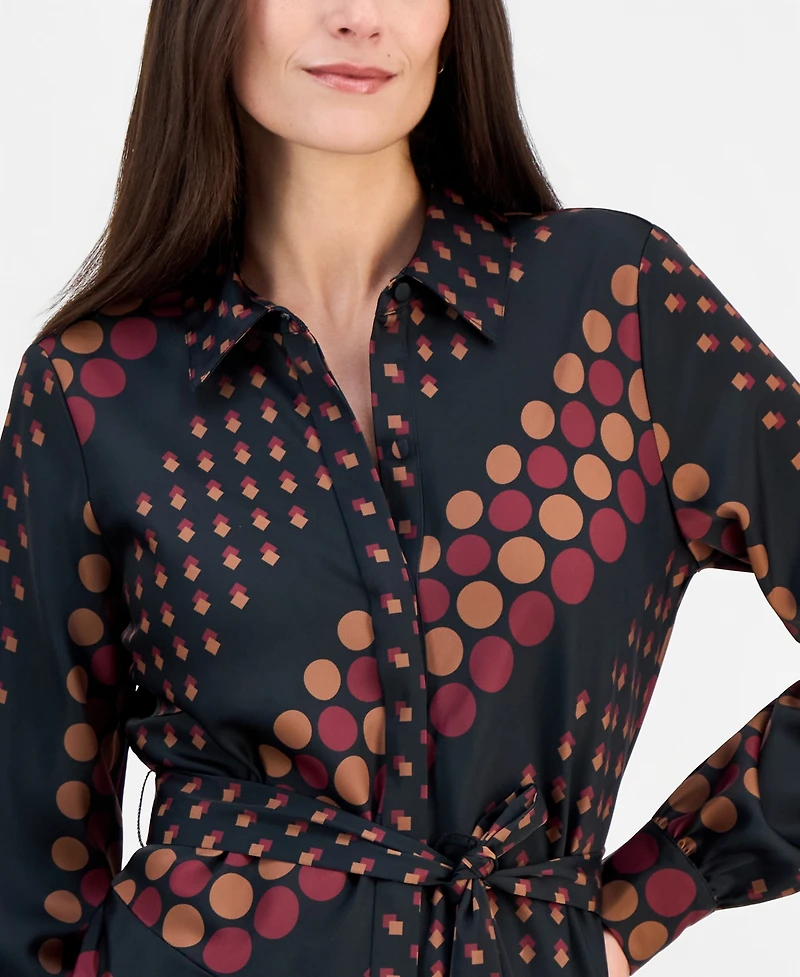 T Tahari Women's Printed Tie-Waist Diagonal-Tiered Shirt Dress