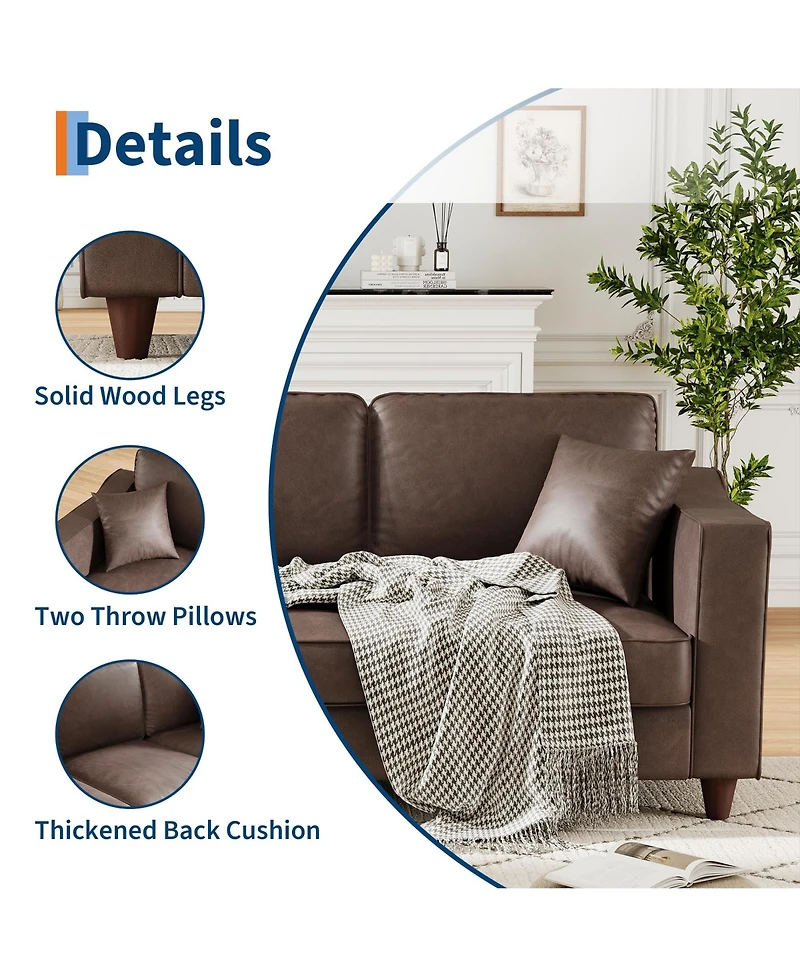 homfan 85 Inches 3-Seater Sofa with 2 Throw Pillows, Faux Leather Couch, Back Cushion, Support Feet for Living Room