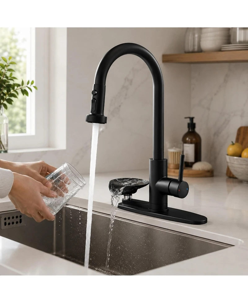 Phying 3 in 1 Kitchen Faucet With Press Type Glass Rinser High Arc Pull Down Sprayer Faucet 3 Function Spray Mode Modern Single Handle Sink Faucet