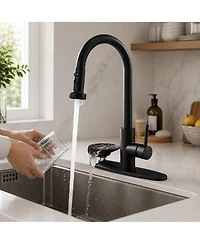 Phying 3 in 1 Kitchen Faucet With Press Type Glass Rinser High Arc Pull Down Sprayer Faucet 3 Function Spray Mode Modern Single Handle Sink Faucet