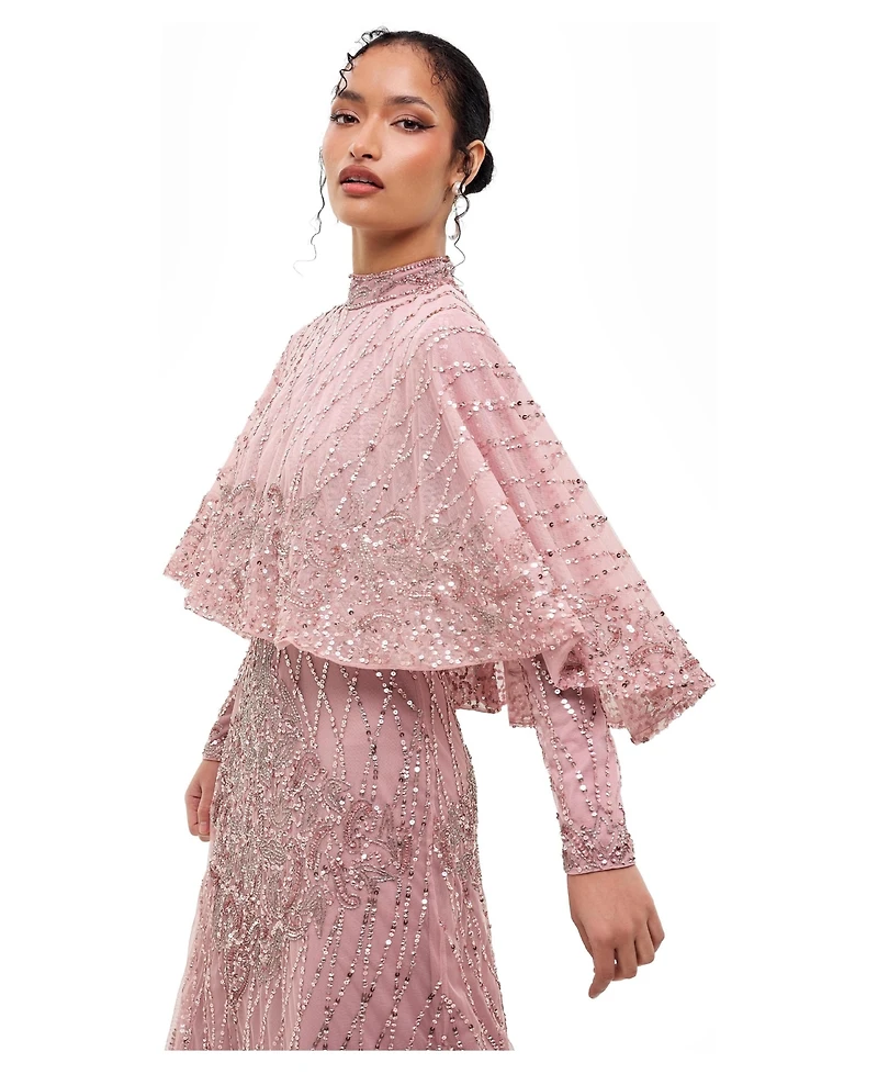 Maryisa Women's Modest Cape Embellished Sequins Gown