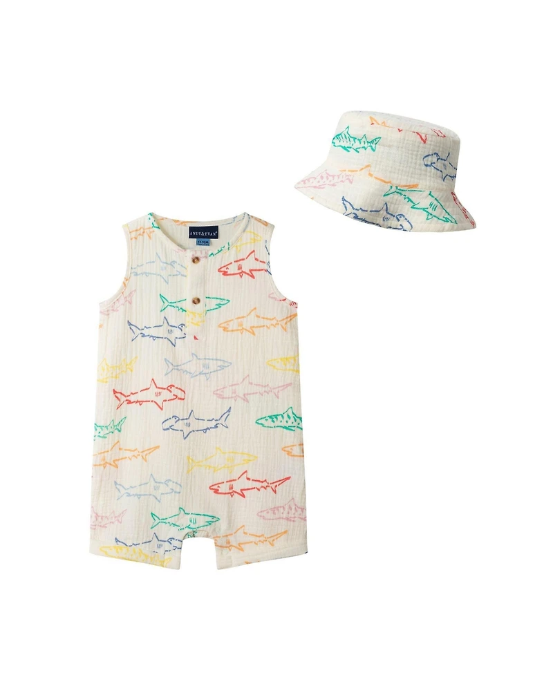 Andy & Evan Baby Boys Sleeveless Henley Romper and Hat Set