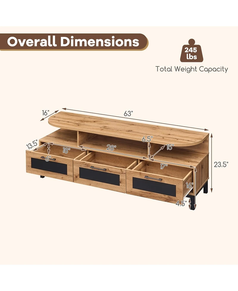 Slickblue Modern Tv Stand with 3 Drawers and Open Shelves