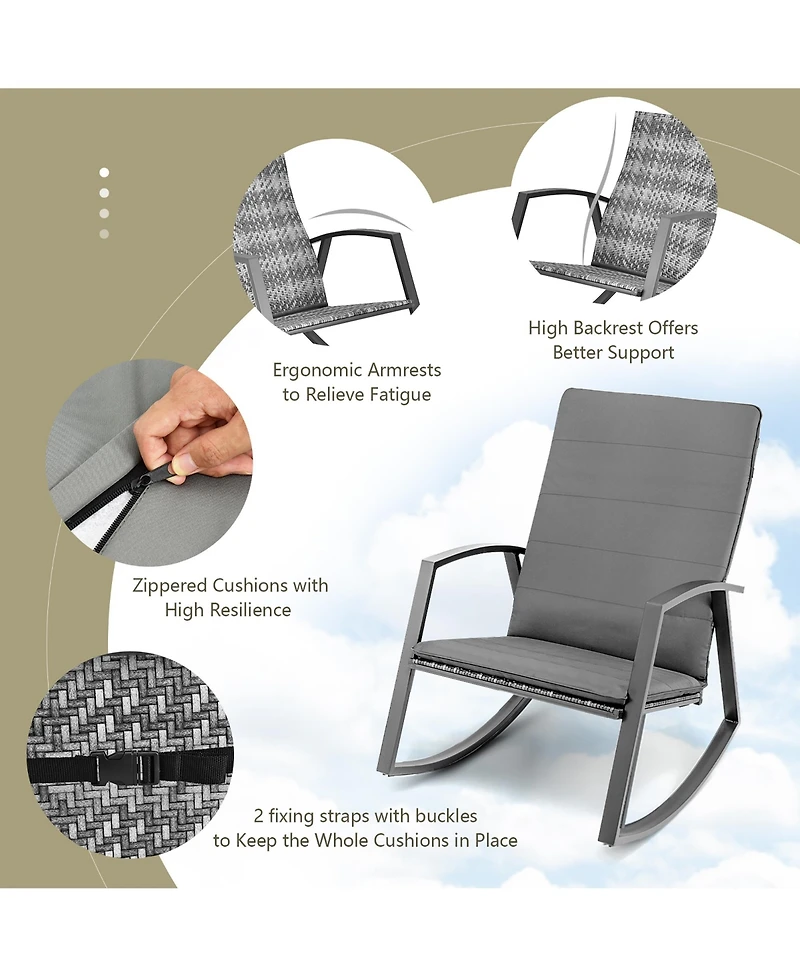 Costway 3 Piece Patio Rattan Rocking Chair Table Furniture Set Yard Cushion