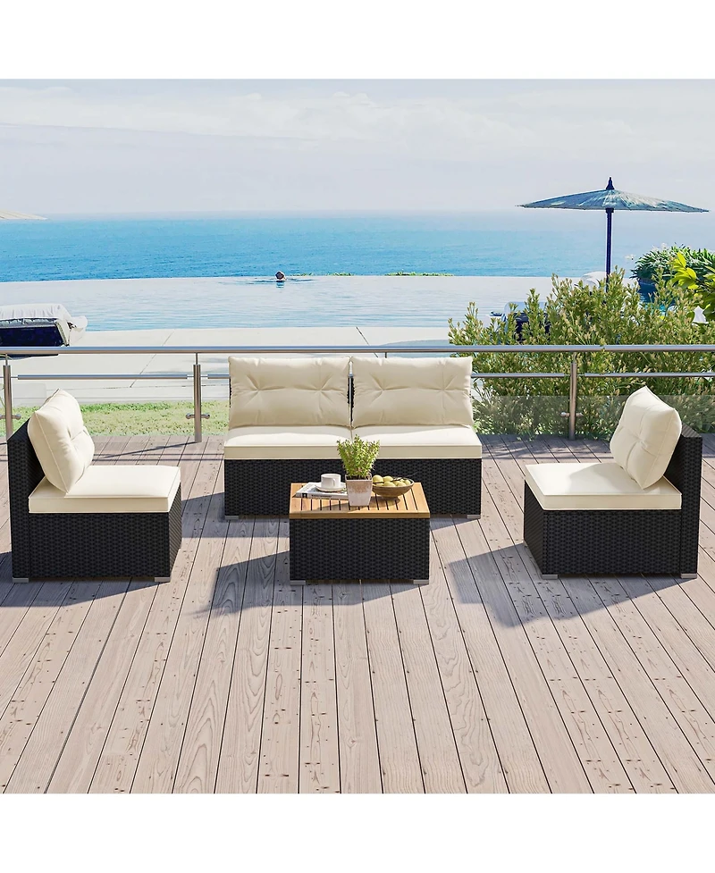 Costway 5 Piece Outdoor Furniture Set with Seat and Back Cushions Acacia Wood Tabletop