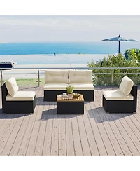 Costway 5 Piece Outdoor Furniture Set with Seat and Back Cushions Acacia Wood Tabletop