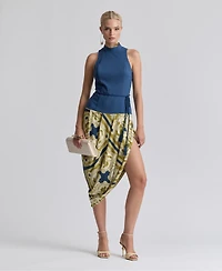Avec Les Filles Women's Sleeveless Belted Mock Neck Asymetric Drape Midi Dress