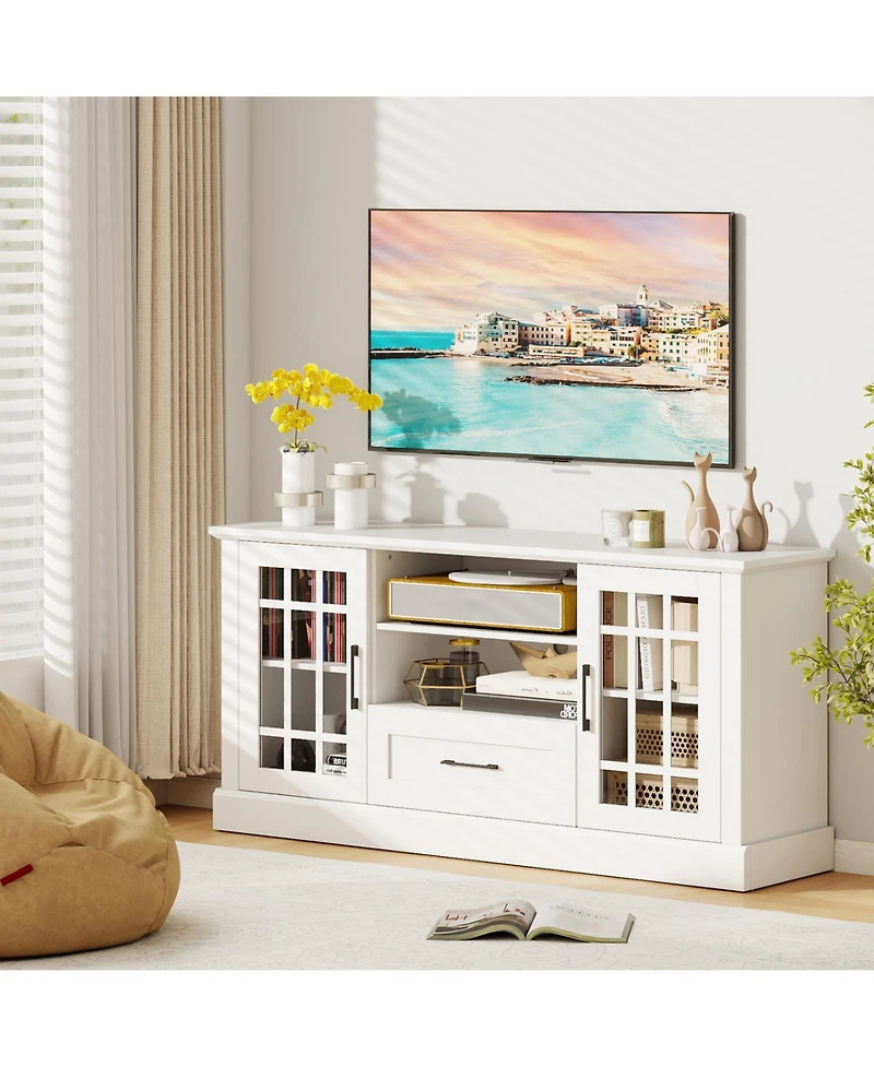 Slickblue Modern Tv Stand with Drawer and Glass Cabinet Doors