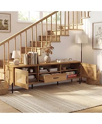 Slickblue Mid-Century Modern Rattan Tv Stand with 2 Storage Cabinets