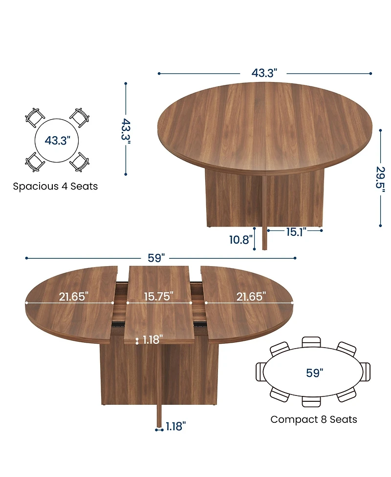 homfan Extendable Round Dining Table for 4-6, 43.3" to 59" Oval Kitchen Table, Walnut Finish, Table Only