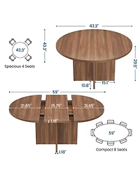 homfan Extendable Round Dining Table for 4-6, 43.3" to 59" Oval Kitchen Table, Walnut Finish, Table Only