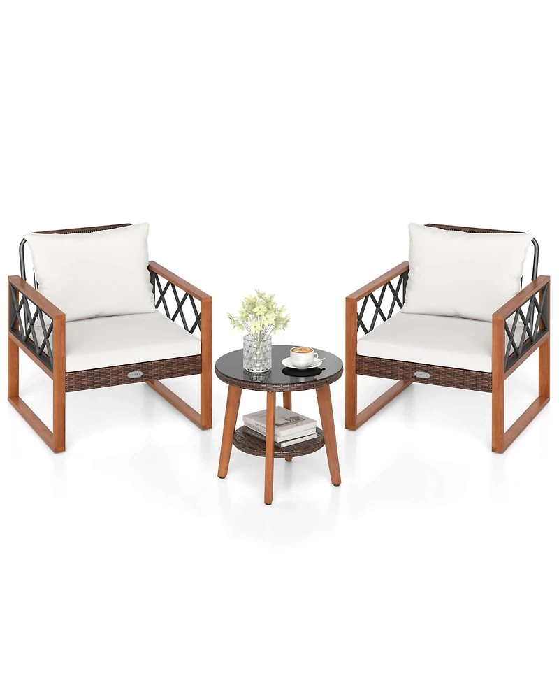 Costway 3 Pieces Patio Pe Wicker Furniture Set with Solid Acacia Wood Frame and Cushions
