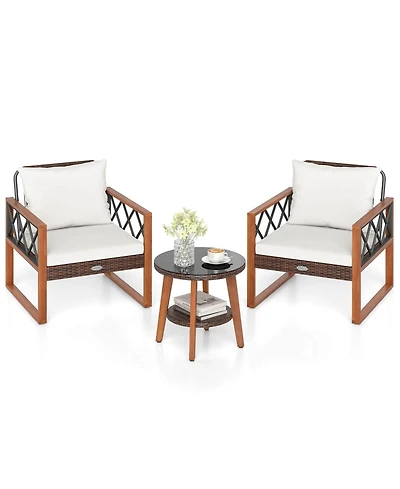 Costway 3 Pieces Patio Pe Wicker Furniture Set with Solid Acacia Wood Frame and Cushions