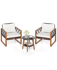 Costway 3 Pieces Patio Pe Wicker Furniture Set with Solid Acacia Wood Frame and Cushions