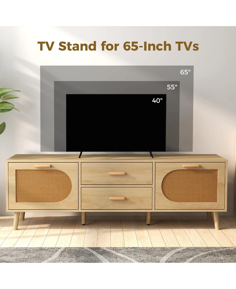 Slickblue Modern Rattan Tv Console for 65 Inch TVs with Storage Drawers