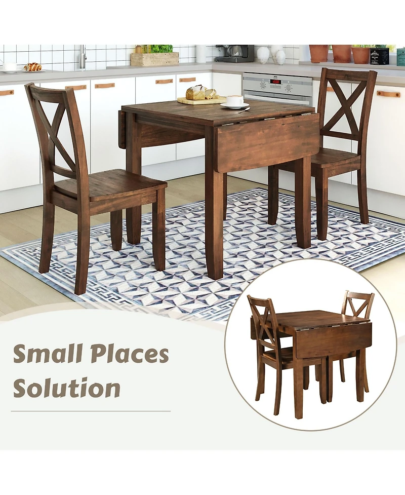 Boyel Living 3-Piece Wood Drop Leaf Breakfast Nook Dining Table Set with 2 X-back Chairs for Small Places