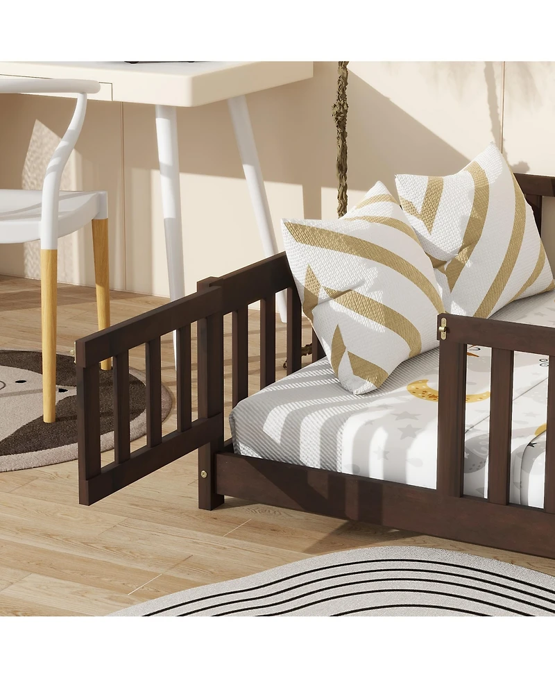 Sailvan Full Floor Bed with Fence and Door, Solid Rubber Wood Kids Platform Frame