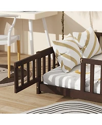 Sailvan Full Floor Bed with Fence and Door, Solid Rubber Wood Kids Platform Frame