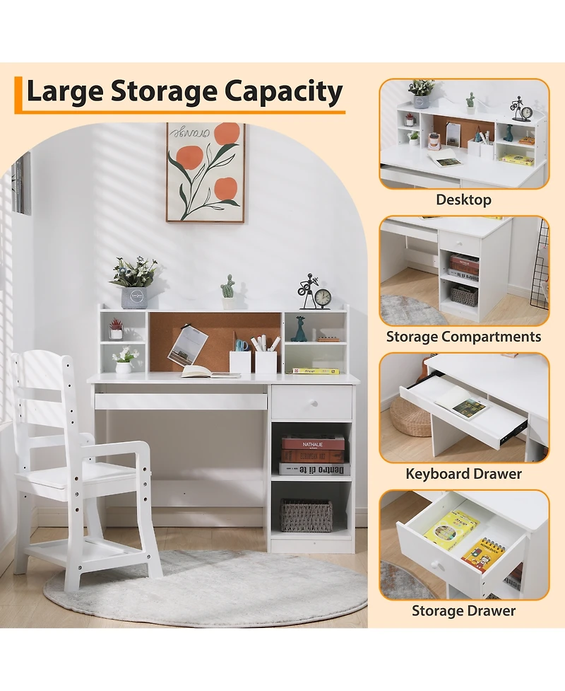homfan Kids Desk and Chair Set, 37 Inch Wooden Study Table with Storage Shelf and Bulletin Board for Childrens Room