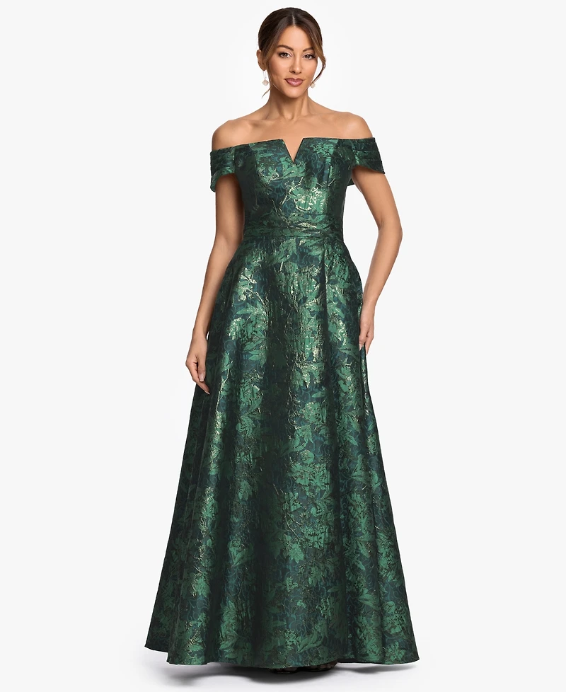 Xscape Women's Off-The-Shoulder Brocade Print Ball Gown