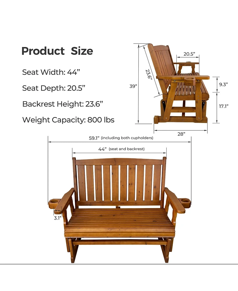 Mega Casa Solid Fir Wood 2-Person Outdoor Glider Bench, Heavy-Duty Wooden Patio Rocking Loveseat with Cup Holders
