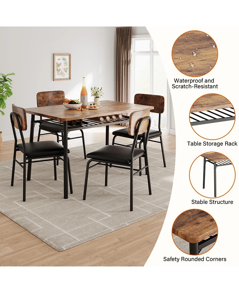gaomon Space-Saving 5-Piece Dining Table Set Modern Kitchen Furniture with Storage Rack Wood Tabletop Upholstered Chairs