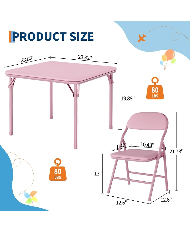 homfan Kids Folding Table and Chairs Set, 23.8 Inch Square Table with Pu Cushion and Metal Frame for Playroom or Bedroom