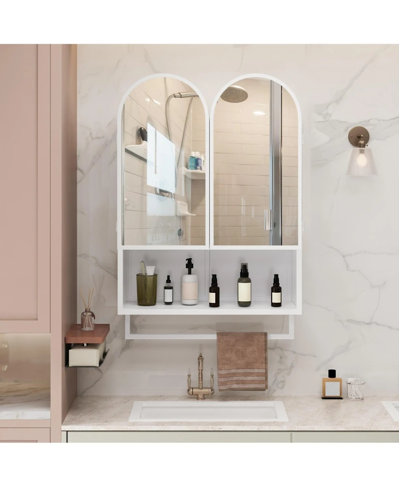 Phying 23.62 Inch Double-Arched Mirror Cabinet Modern 2-Door Metal Medicine Cabinet Wall Mounted Storage Cabinet