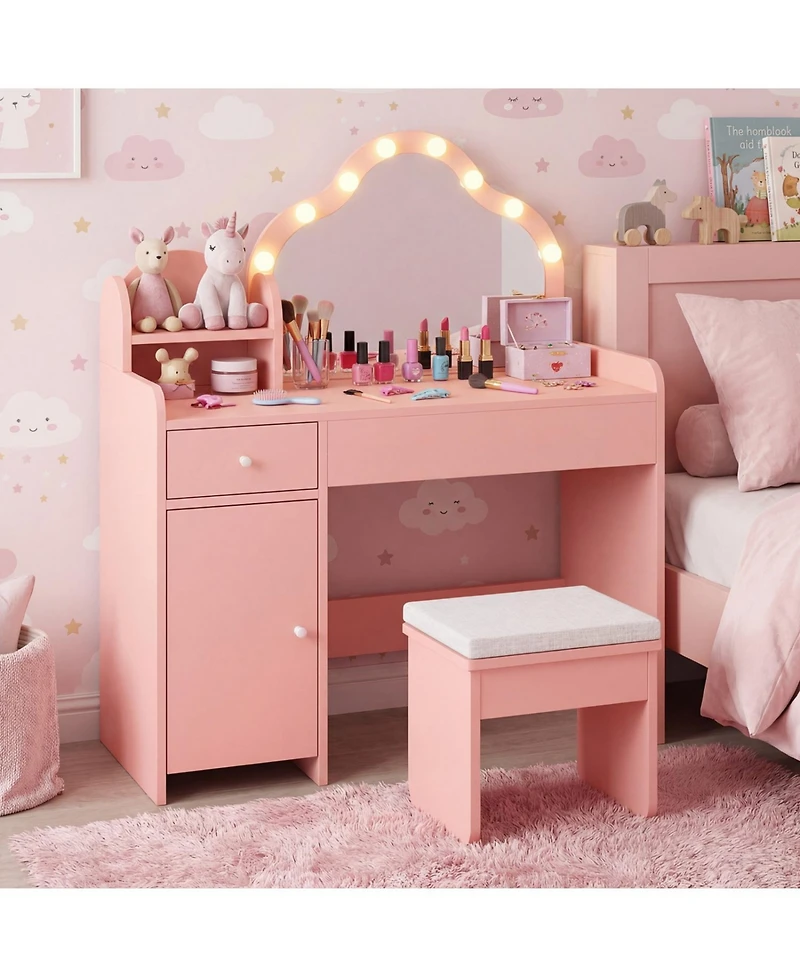 Slickblue Kids Dressing Table with Mirror and Lights Princess Vanity for Pretend Play