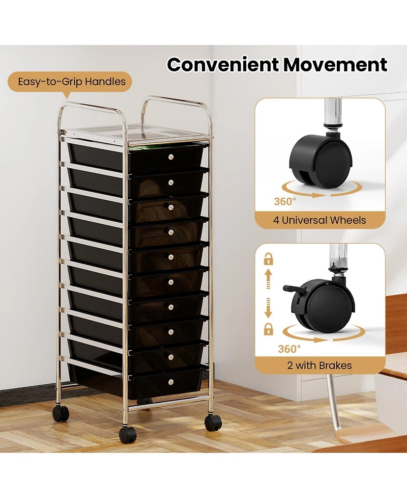 Slickblue Rolling Organizer Cart with 10 Drawers, Metal Frame and Universal Wheels