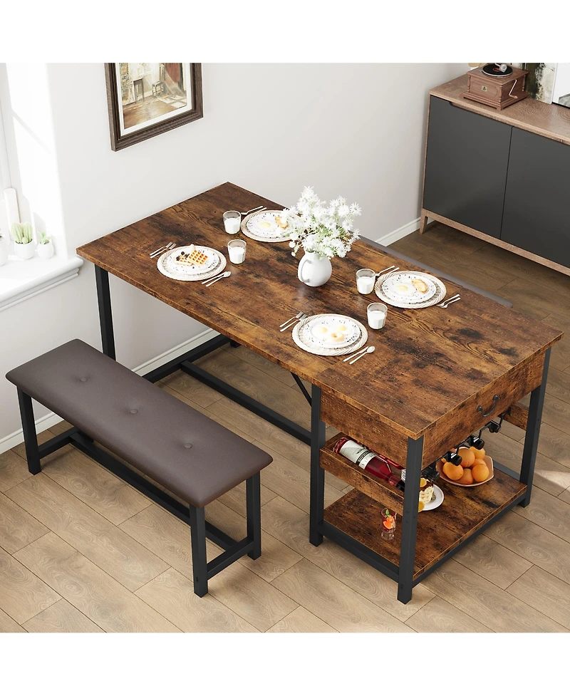 homfan Space Saving Dining Table Set for 4 Modern Table with 2 Pu Leather Benches, Storage Drawers and Wine Rack