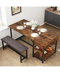homfan Space Saving Dining Table Set for 4 Modern Table with 2 Pu Leather Benches, Storage Drawers and Wine Rack