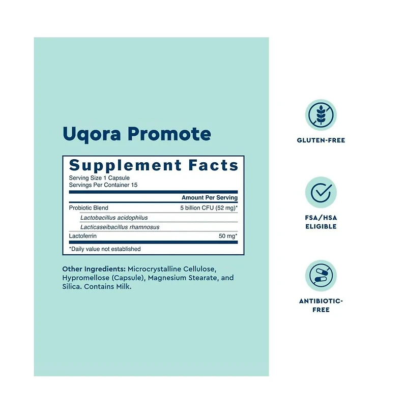 Uqora Promote Vaginal Health Probiotic for Women with Lactoferrin, Lactobacillus Acidophilus & Lacticaseibacillus Rhamnosus, 15 Capsules