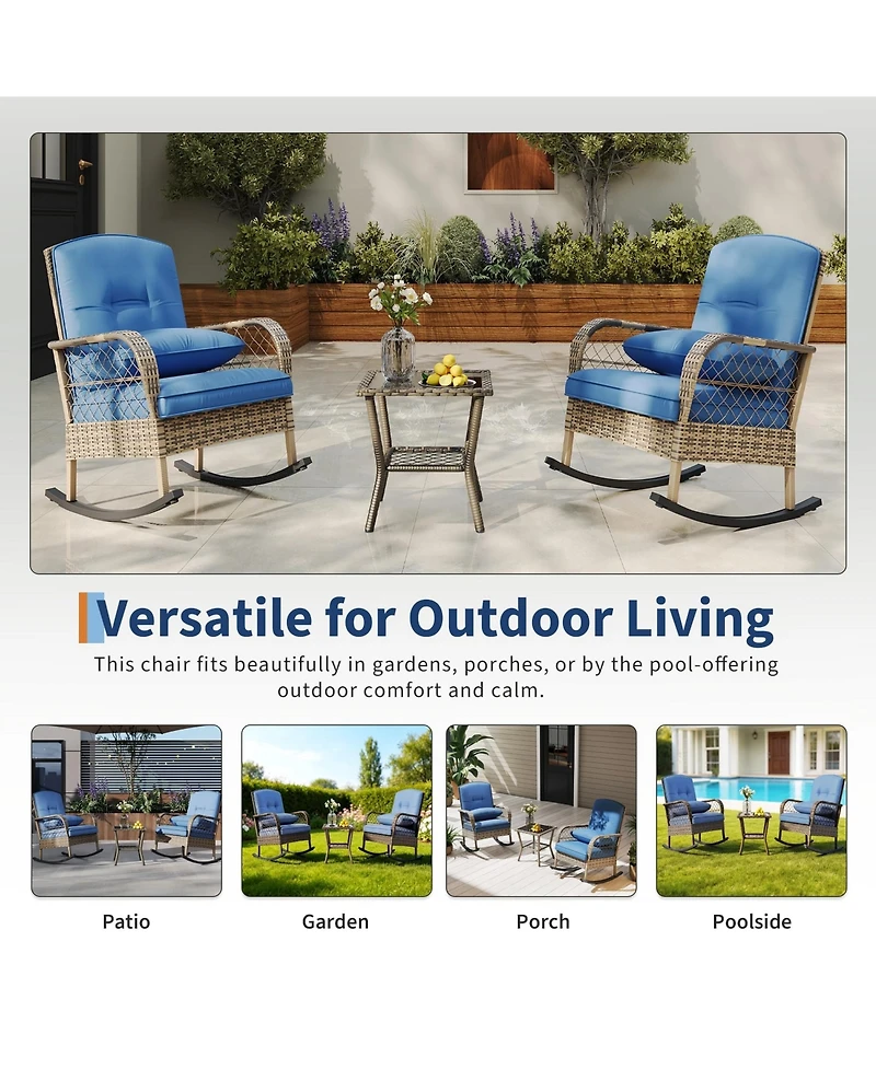 homfan Outdoor Wicker Rocking Chair Set, Rattan Garden Bistro Set with 2 Rockers and 1 Table for Patio or Backyard