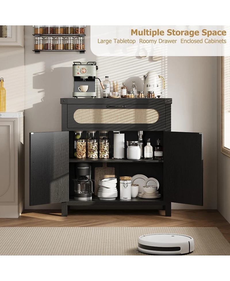 gaomon Rattan Sideboard Buffet Cabinets with Storage, Farmhouse Kitchen Accent Storage Cabinet with Drawer