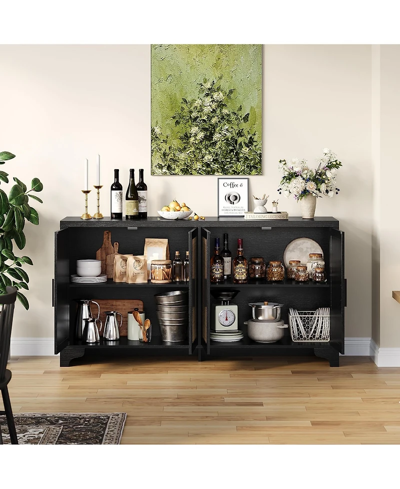 gaomon 62 Inches Rattan Sideboard Buffet Cabinet, 4-Door Kitchen Storage Cabinet with Shelves
