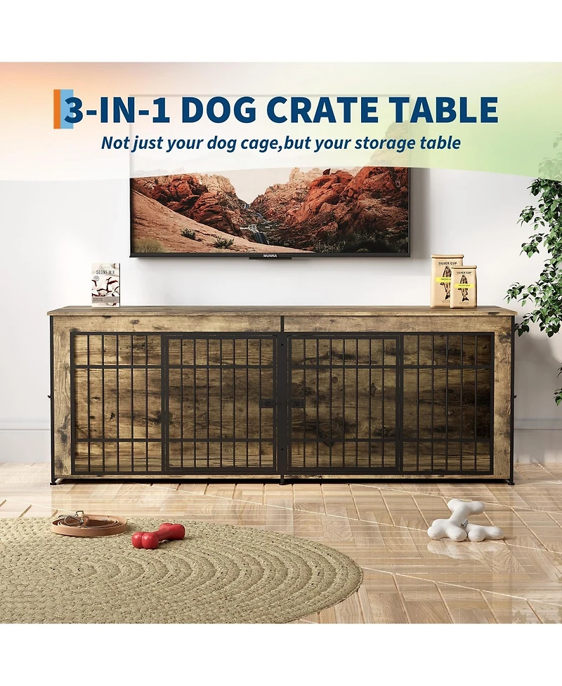 homfan Heavy Duty Wooden Dog House Furniture, Double 3-in-1 Kennel, Multifunctional End Table Tv Stand