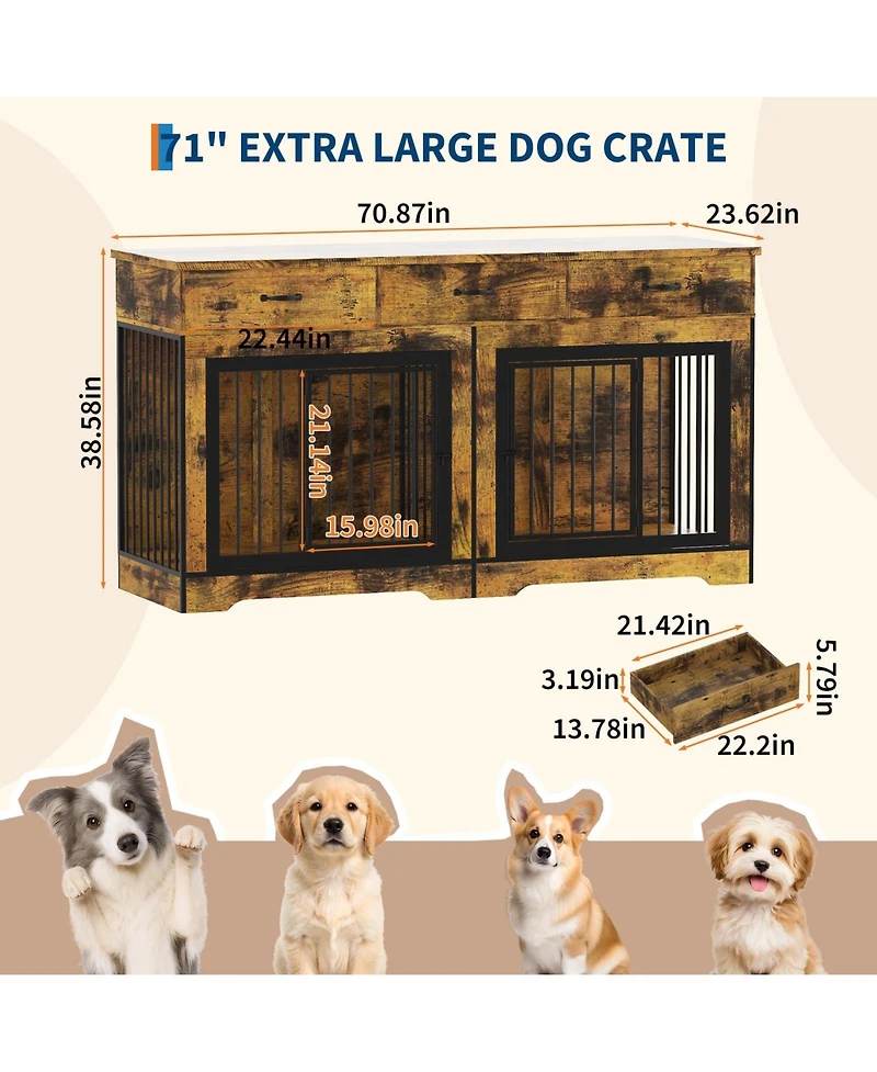 homfan Spacious Dual Dog Crate Furniture for 2 Medium/Large Dogs, Heavy Duty Wooden Indoor Kennel with 3 Drawers, End Table and Tv Stand.