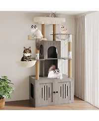 homfan Cat Tree with Hidden Litter Box Enclosure, Multi-Level Tower, Large Perch, Sisal Scratching Posts, Condo and Hammock.