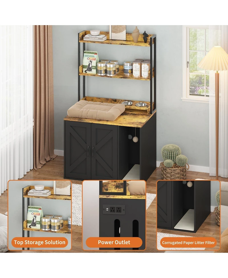 homfan Modern Wooden Cat Litter Box Enclosure Cabinet, Stylish Hidden House Furniture with Shelf, Discreet Cover.