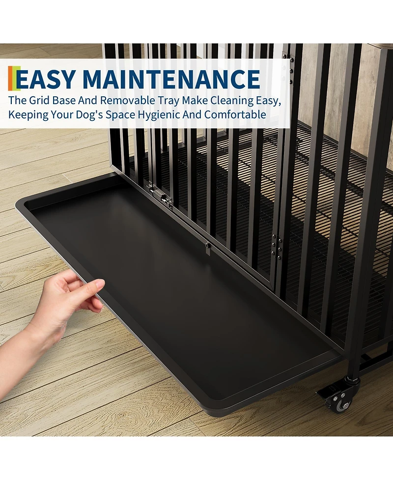 homfan Dog Crate Furniture with Removable Tray, Heavy-Duty Dog Cage with Lockable Wheels and Door, Wooden Kennel End Table for Small to Medium Breeds