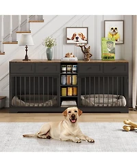 Large Double Dog Crate Furniture, Wooden Indoor Kennel with Divider, 4 Drawers and Shelves for Two Medium or Dogs