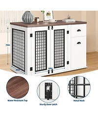 homfanDog Crate Furniture, 111 Inch Wooden Indoor Kennel End Table with Drawers and Side Cabinet for Medium Dogs
